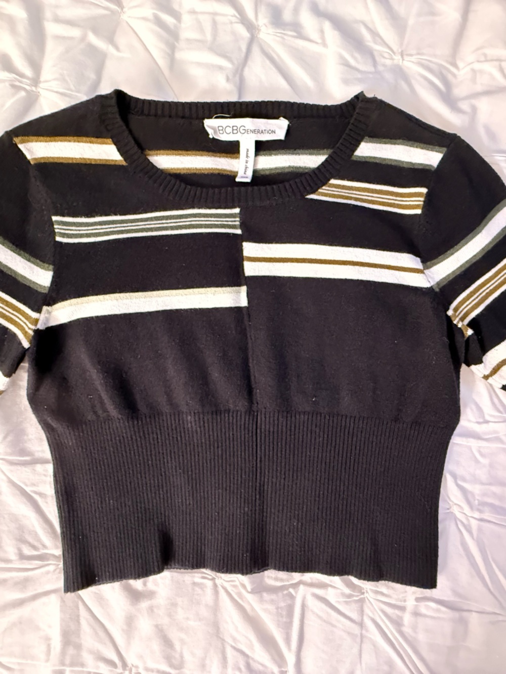 BCBGeneration Black Ribbed Crop Top with White and Gold Stripes